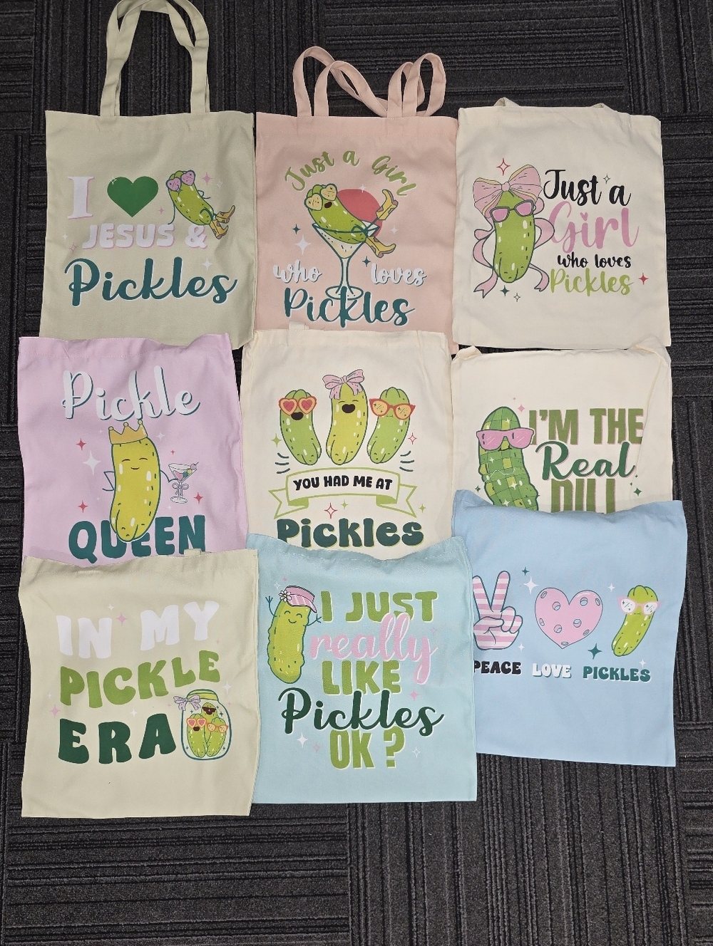 Random Pickles Canvas Tote Bag Collection - Pastel Green & Pink Designs